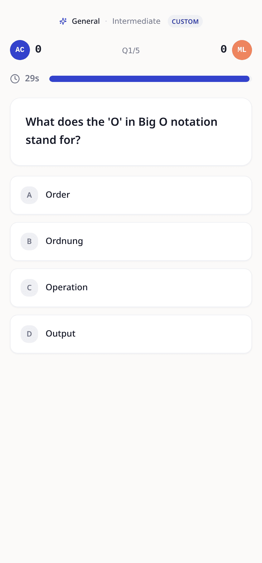 Live duel question screen with timer and four options