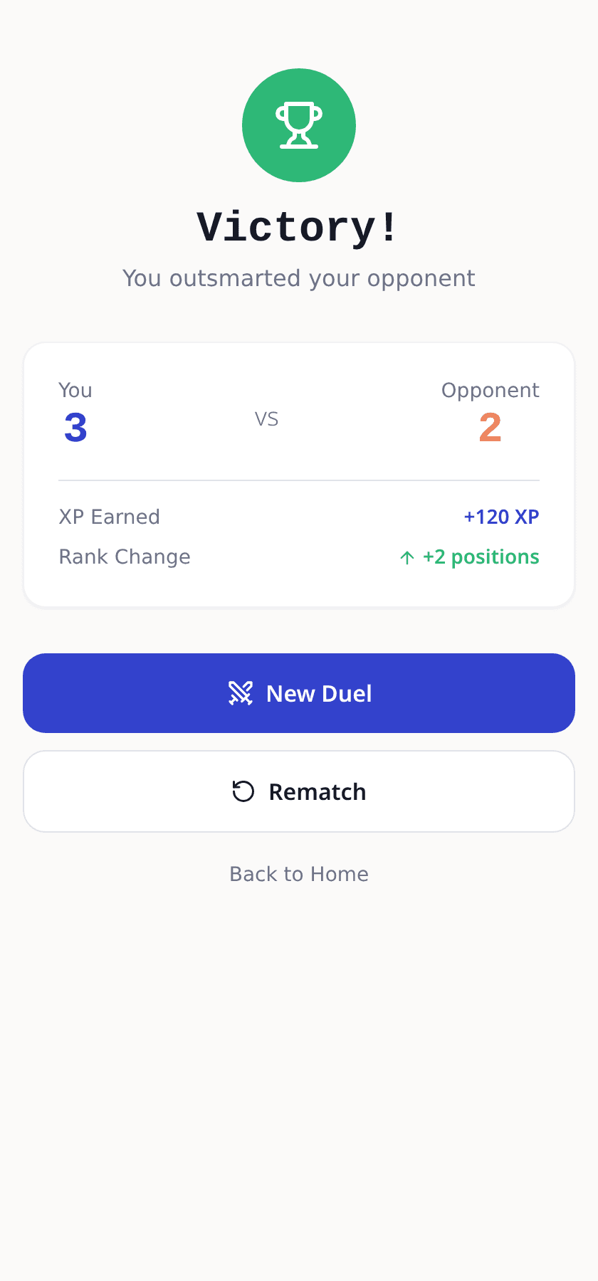Duel result screen with trophy, score card and XP gains
